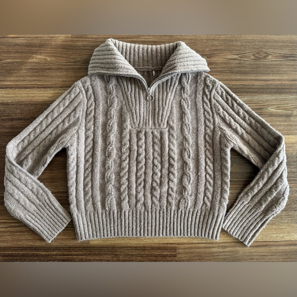 Tan Cable Knit Cowl Neck Sweater